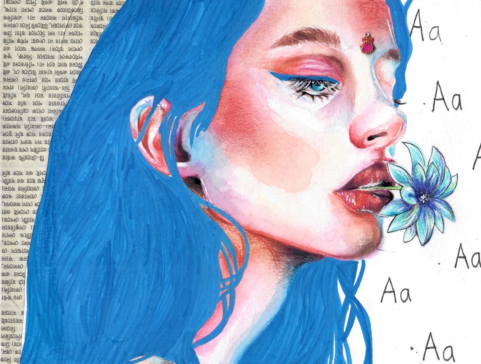 Mixed-media portrait of a woman with blue hair holding a blue flower at her lips